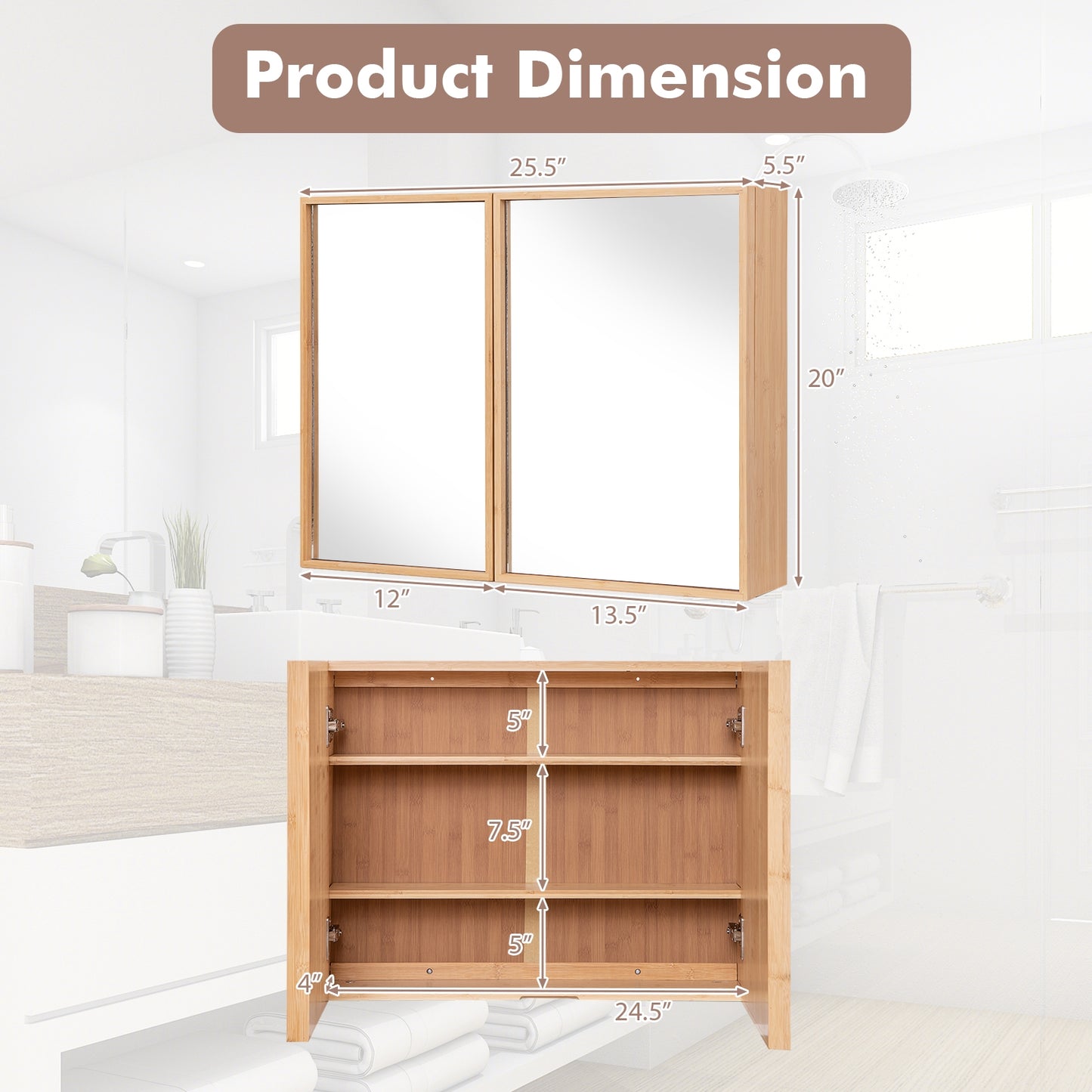 Wall Mounted Double Door Medicine Cabinet with Mirror and Adjustable Shelves