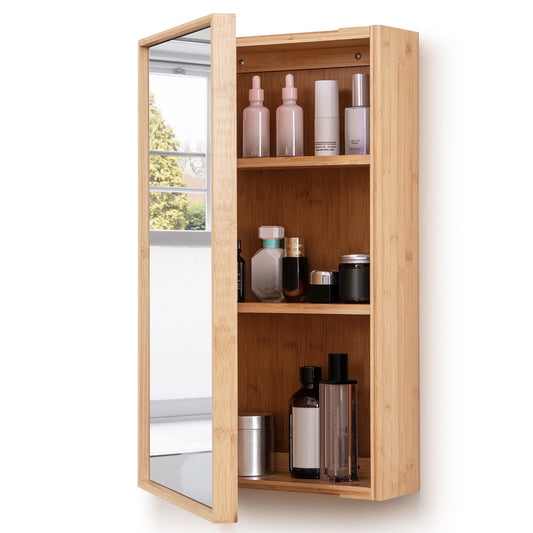Wall Mounted Bamboo Medicine Cabinet with Mirror & Adjustable Shelves