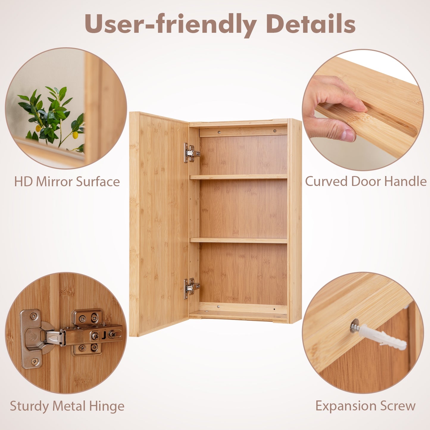 Wall Mounted Bamboo Medicine Cabinet with Mirror & Adjustable Shelves