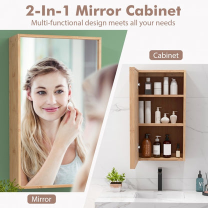 Wall Mounted Bamboo Medicine Cabinet with Mirror & Adjustable Shelves