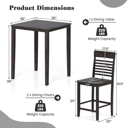 3 Piece Counter Height Dining Set with Solid Wood Table and Chairs for Small Spaces