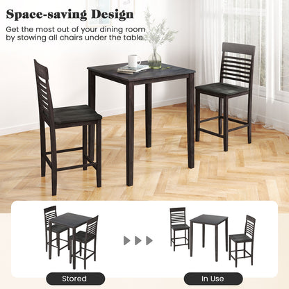 3 Piece Counter Height Dining Set with Solid Wood Table and Chairs for Small Spaces