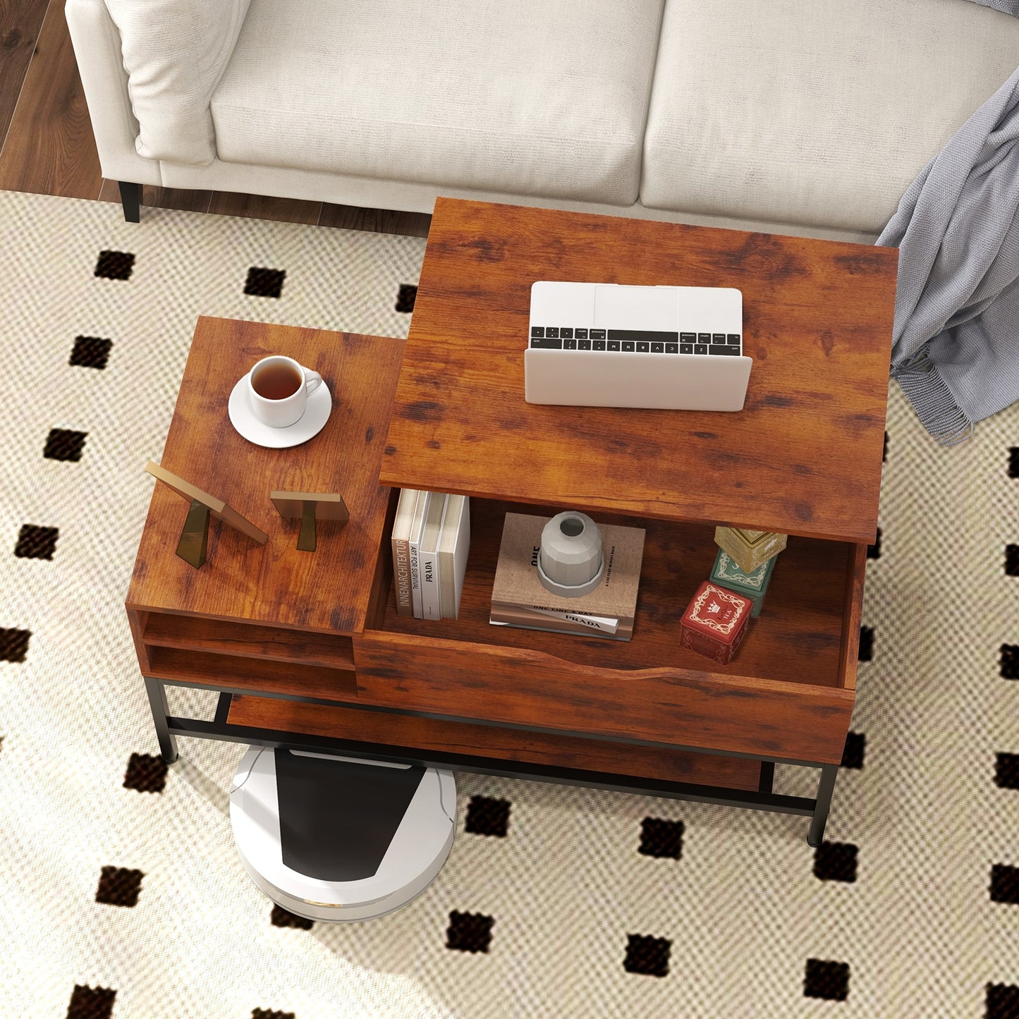 Multifunctional Lift Top Coffee Table with Storage Compartment and Removable Shelf