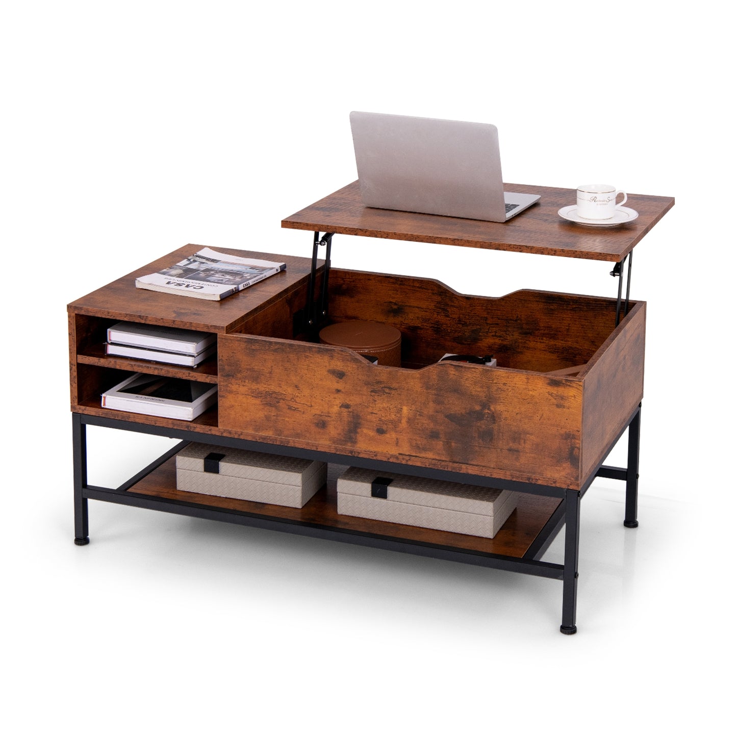 Multifunctional Lift Top Coffee Table with Storage Compartment and Removable Shelf