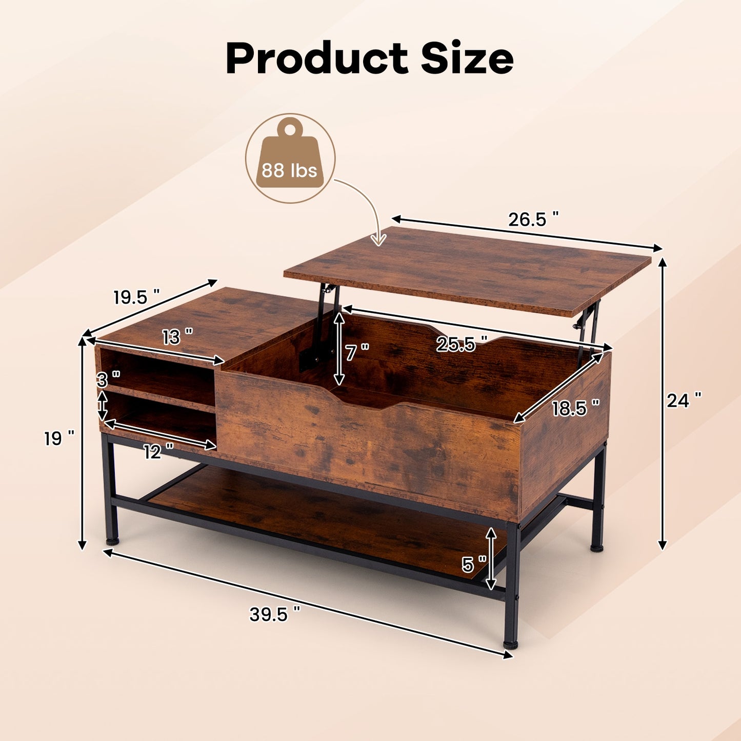Multifunctional Lift Top Coffee Table with Storage Compartment and Removable Shelf