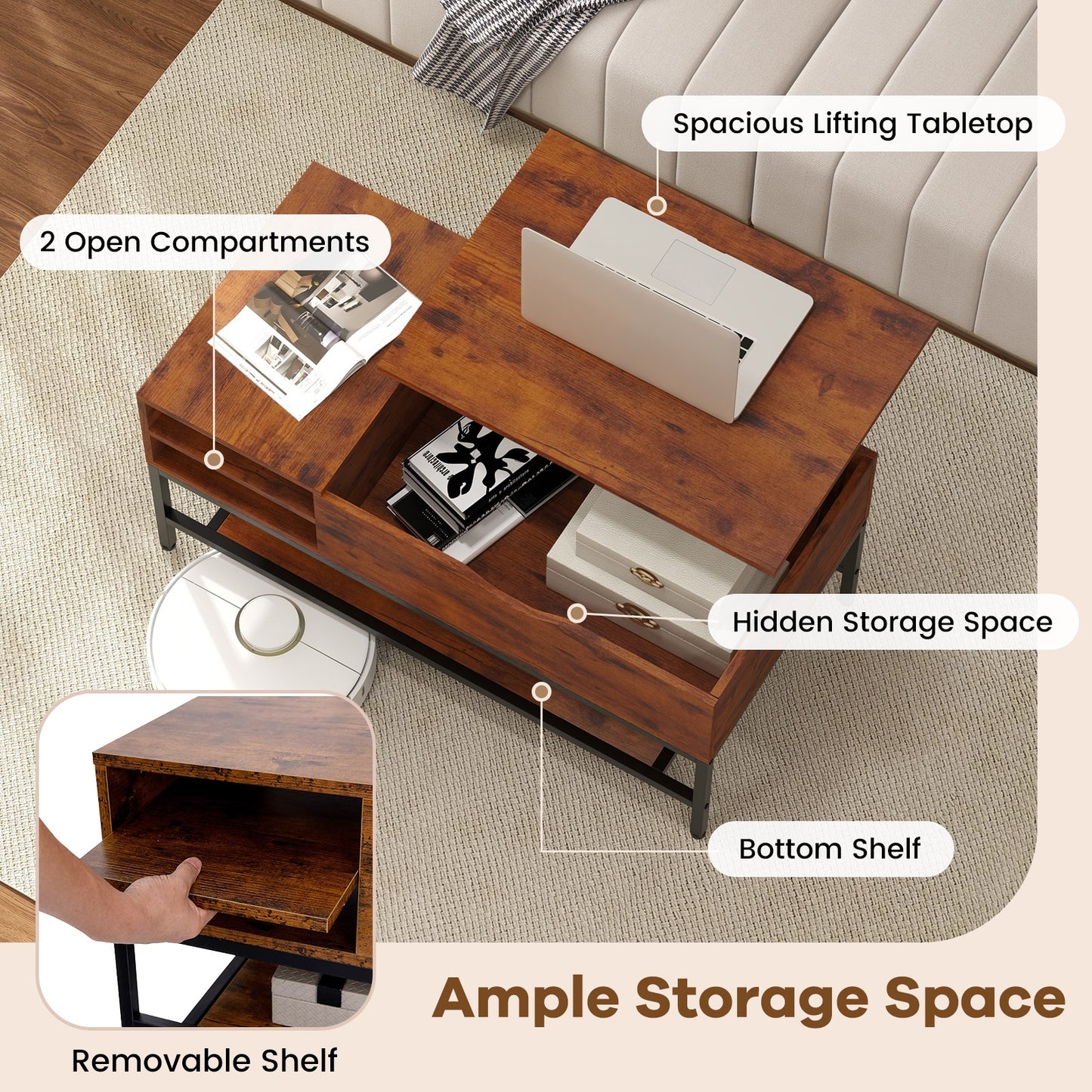 Multifunctional Lift Top Coffee Table with Storage Compartment and Removable Shelf