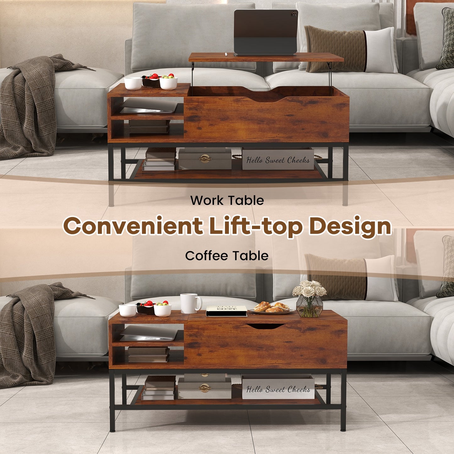 Multifunctional Lift Top Coffee Table with Storage Compartment and Removable Shelf