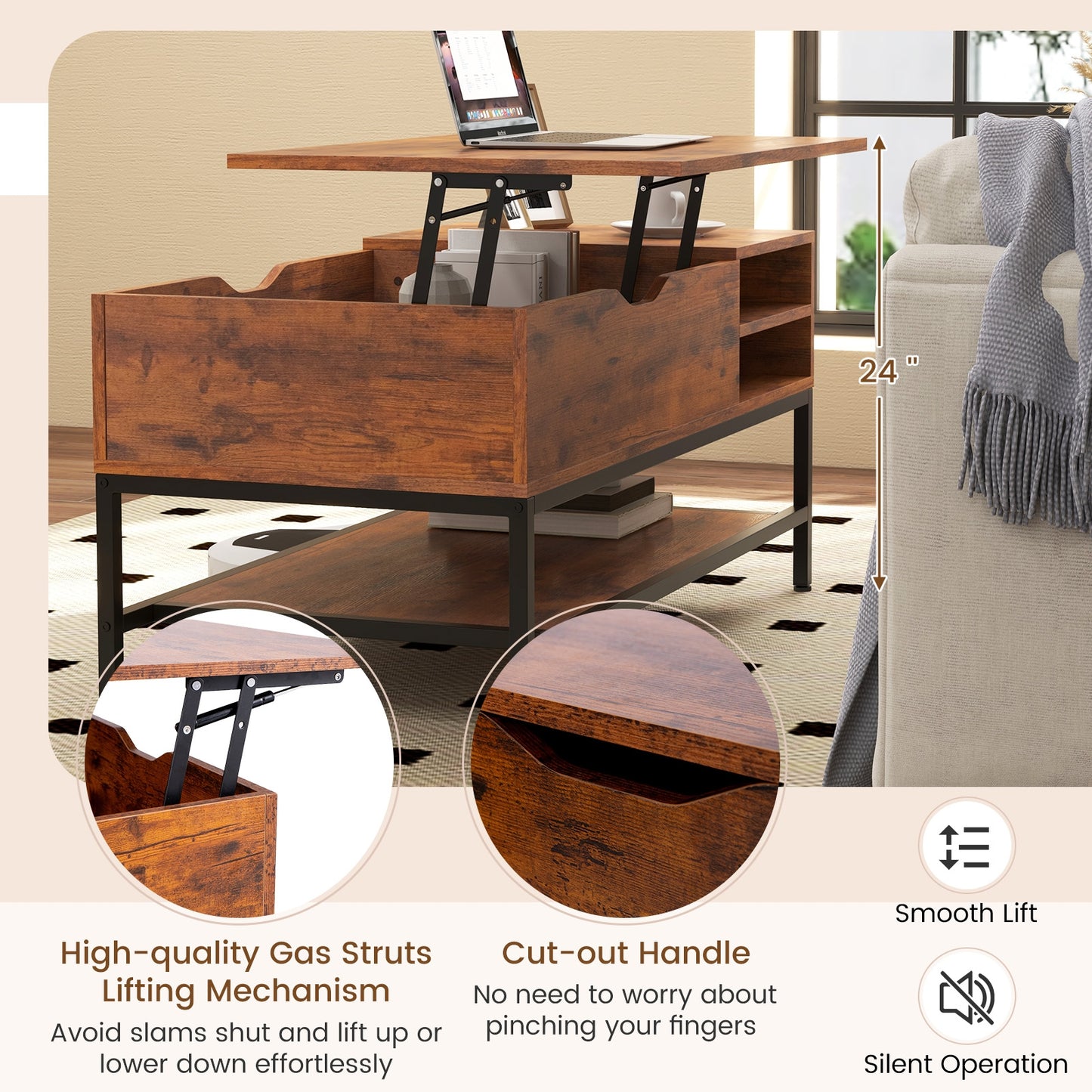 Multifunctional Lift Top Coffee Table with Storage Compartment and Removable Shelf