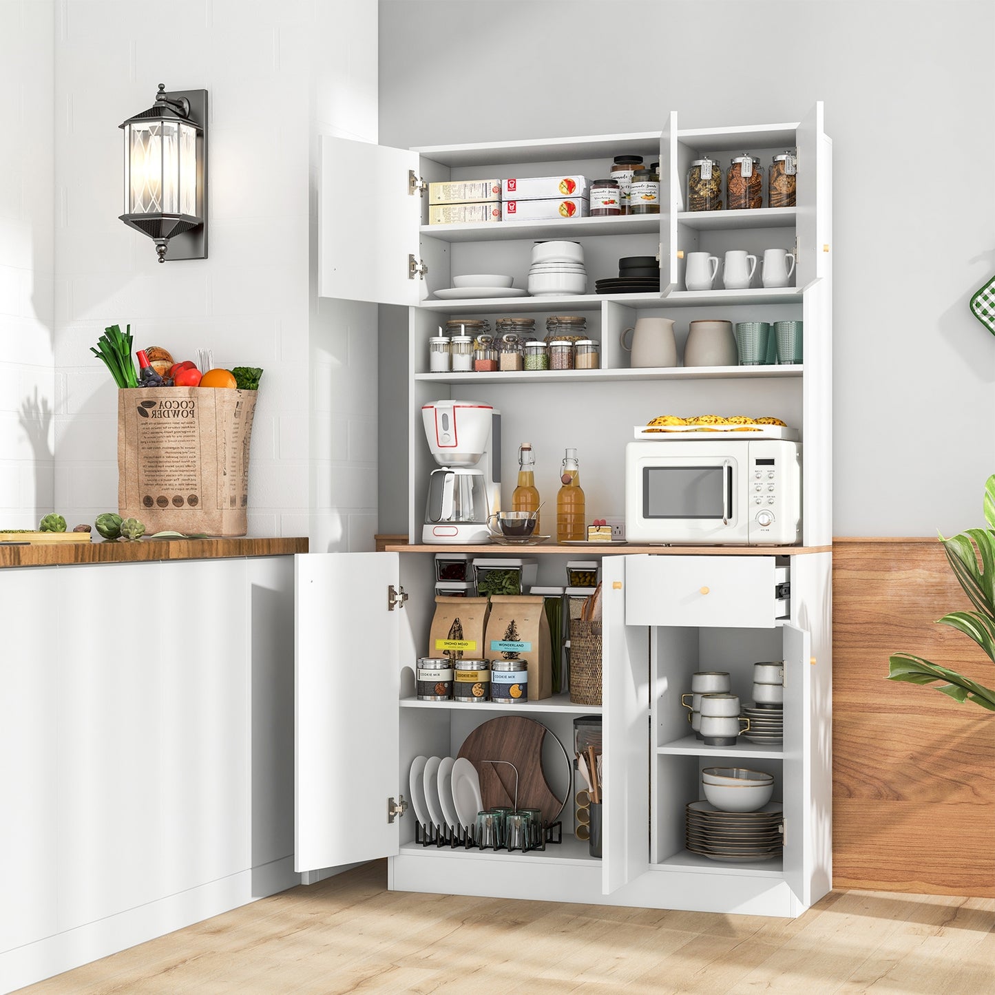 71 Inch Tall Kitchen Pantry Cabinet with Built-in Outlets and USB Ports for Dining Room Storage