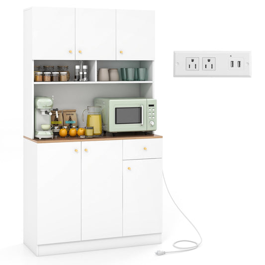 71 Inch Tall Kitchen Pantry Cabinet with Built-in Outlets and USB Ports for Dining Room Storage