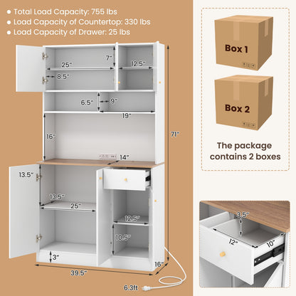 71 Inch Tall Kitchen Pantry Cabinet with Built-in Outlets and USB Ports for Dining Room Storage