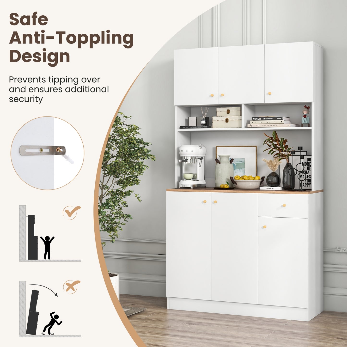 71 Inch Tall Kitchen Pantry Cabinet with Built-in Outlets and USB Ports for Dining Room Storage