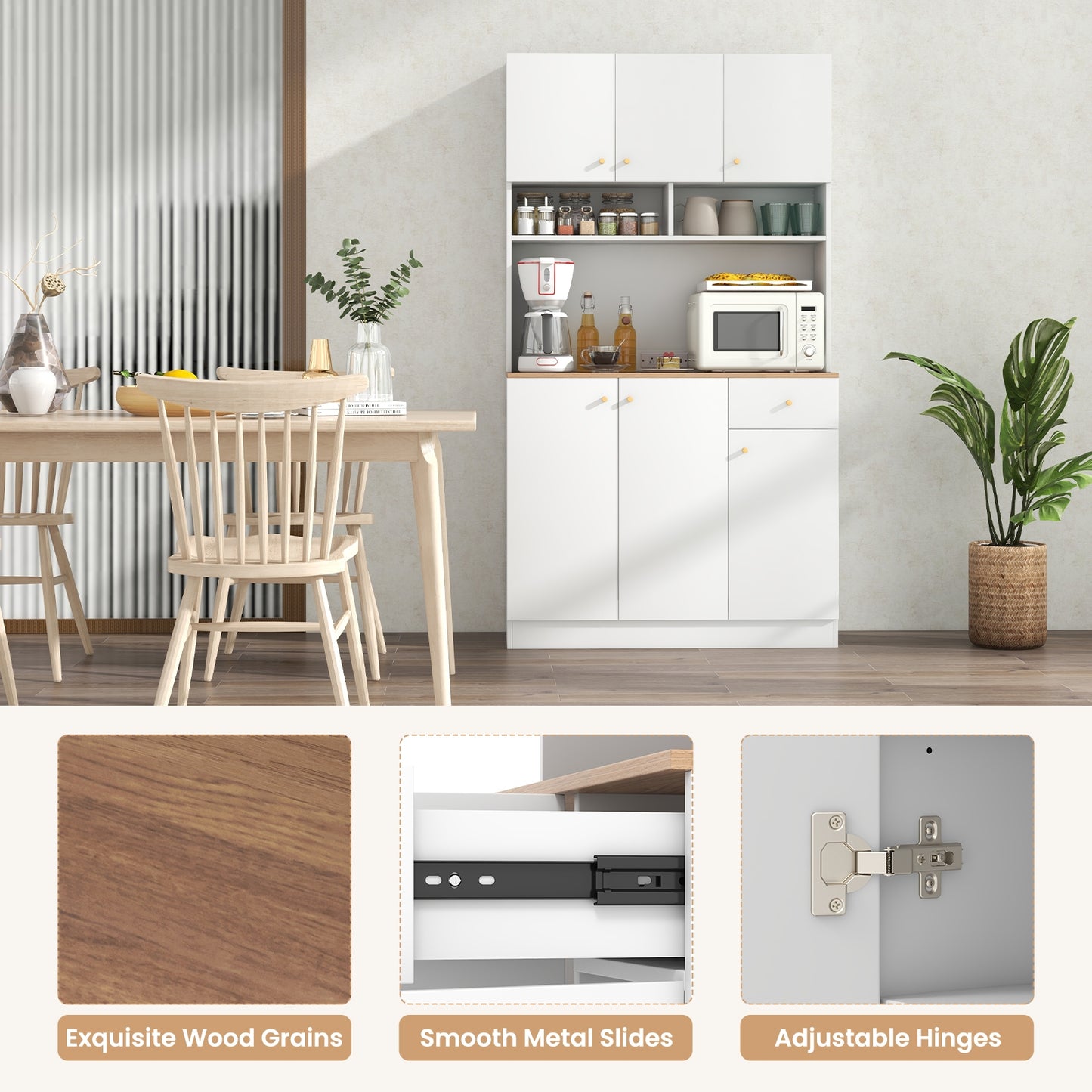 71 Inch Tall Kitchen Pantry Cabinet with Built-in Outlets and USB Ports for Dining Room Storage