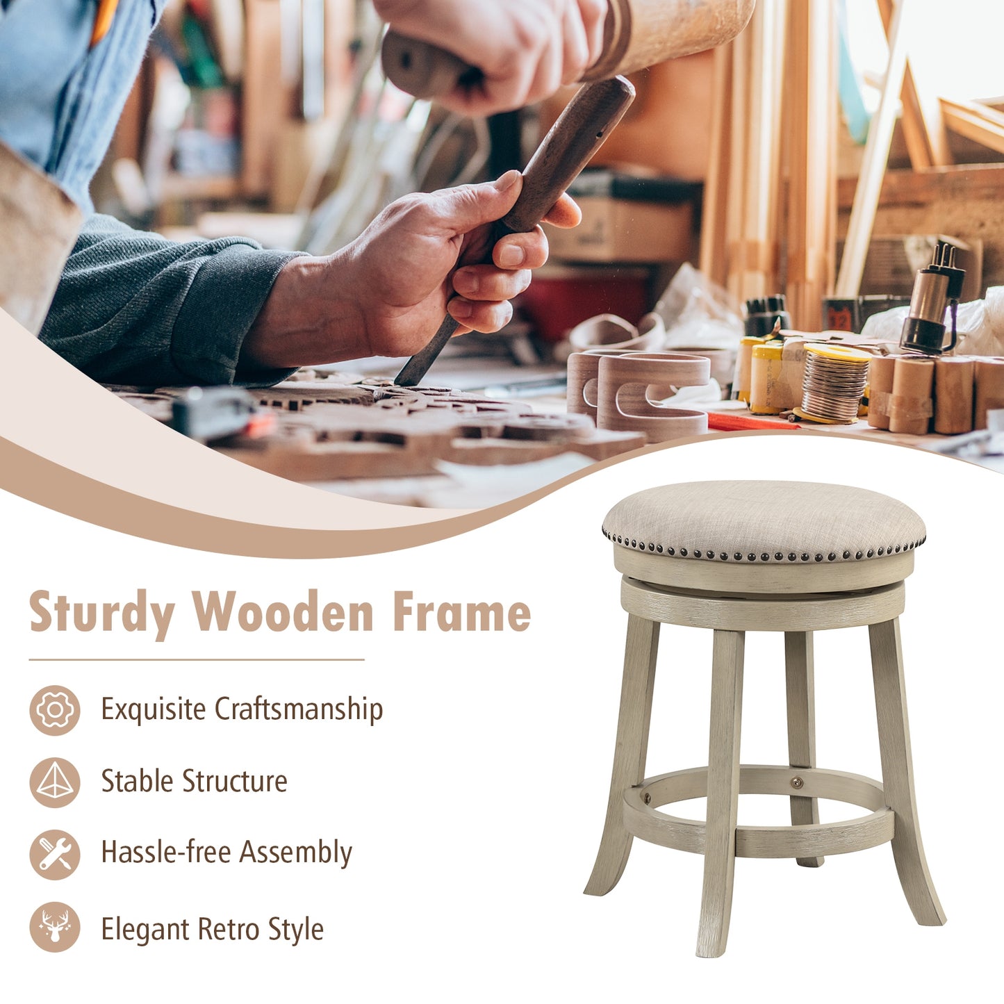 360° Swivel Bar Stools with Solid Wood Frame and Comfortable Seat Set of 2, 24"