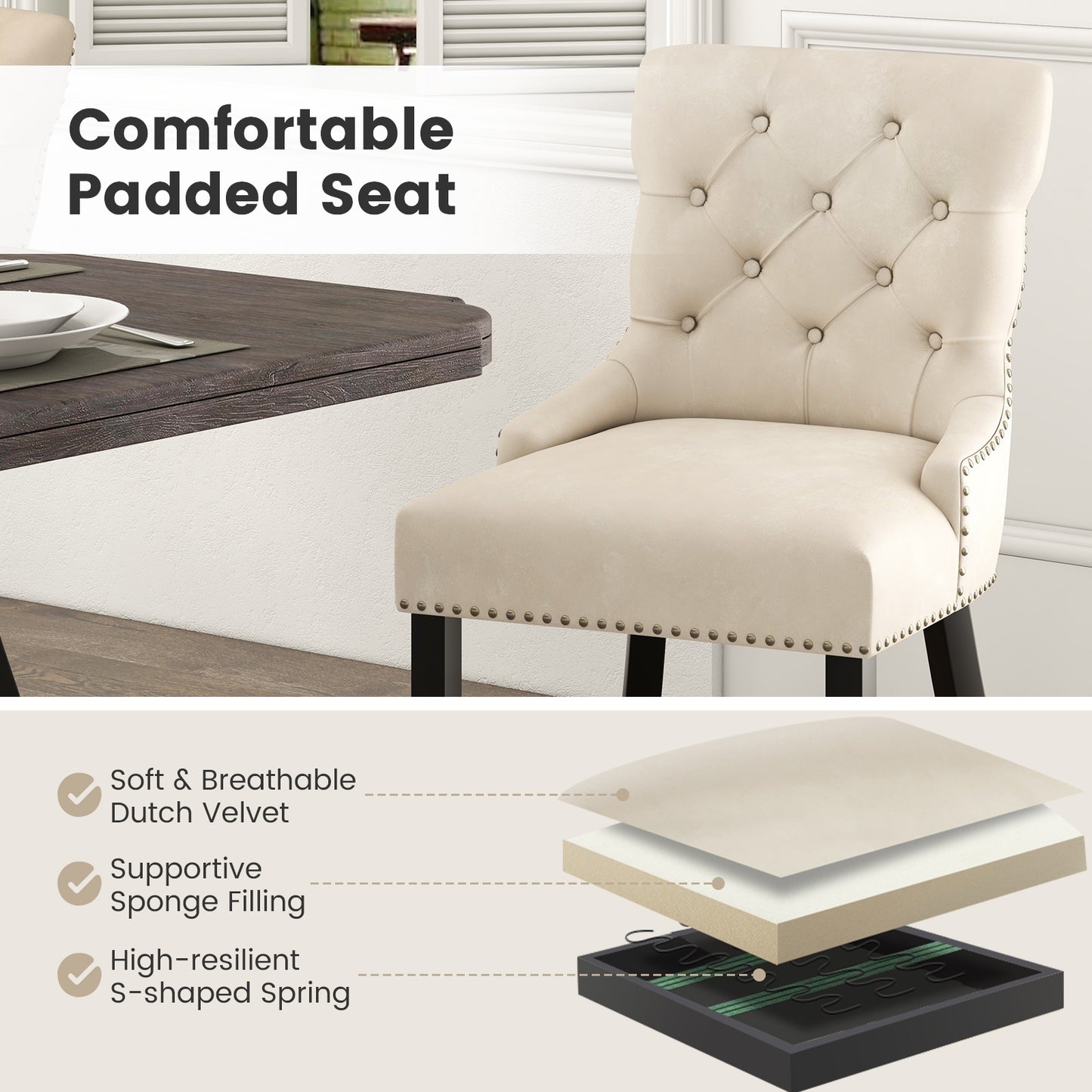 Velvet Tufted Wingback Dining Chairs with Rubber Wood Legs – Set of 2, Beige