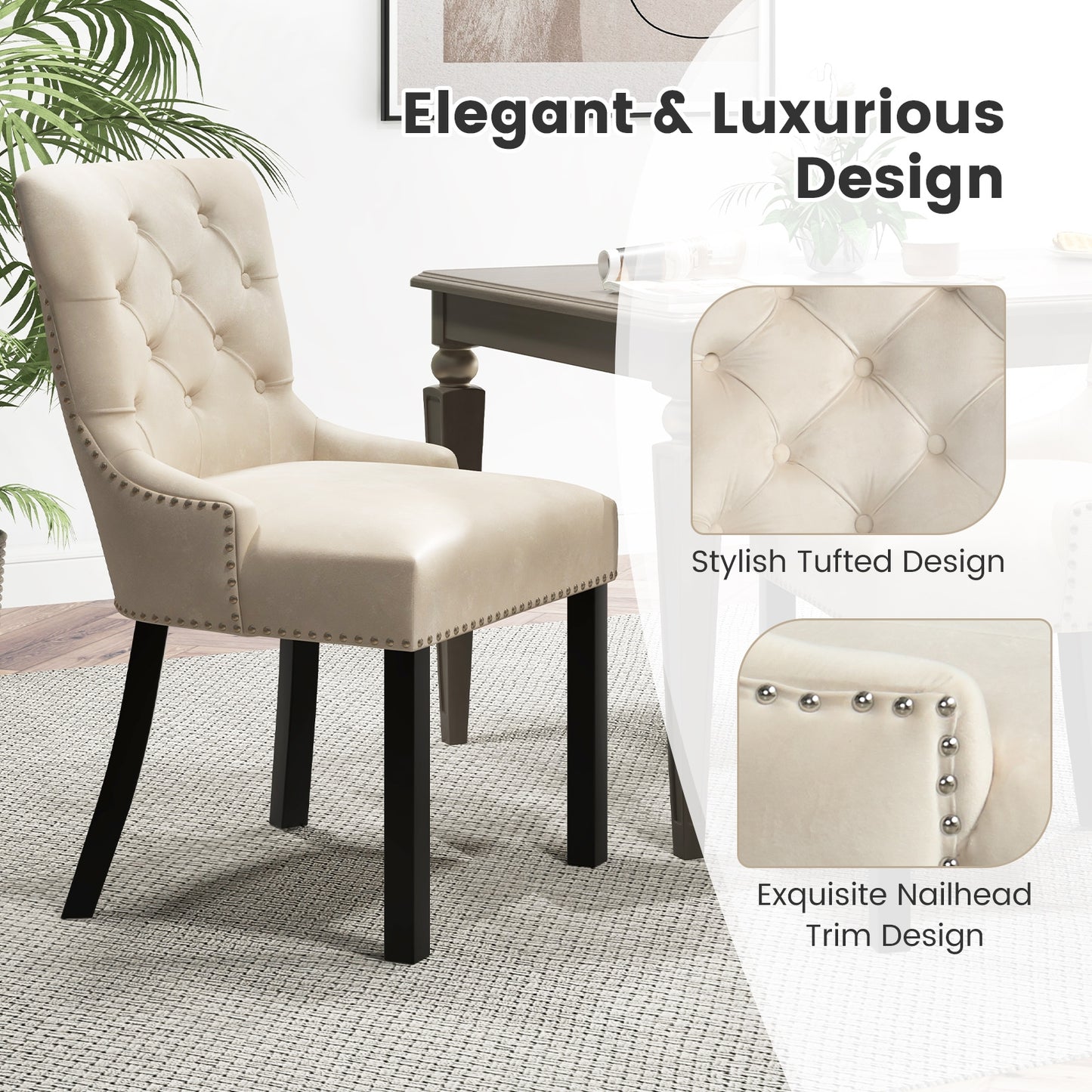 Velvet Tufted Wingback Dining Chairs with Rubber Wood Legs – Set of 2, Beige