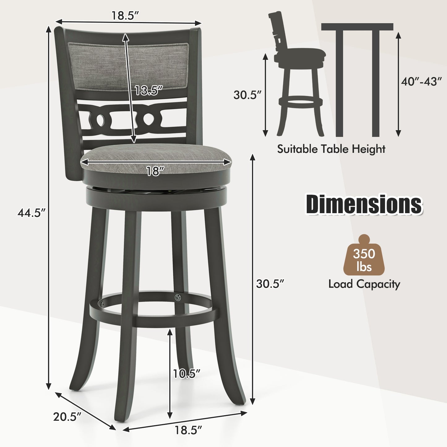Swivel Bar Chair Set of 1 or 2 with Wooden Frame and 30.5" Seat Height for Pub or Kitchen