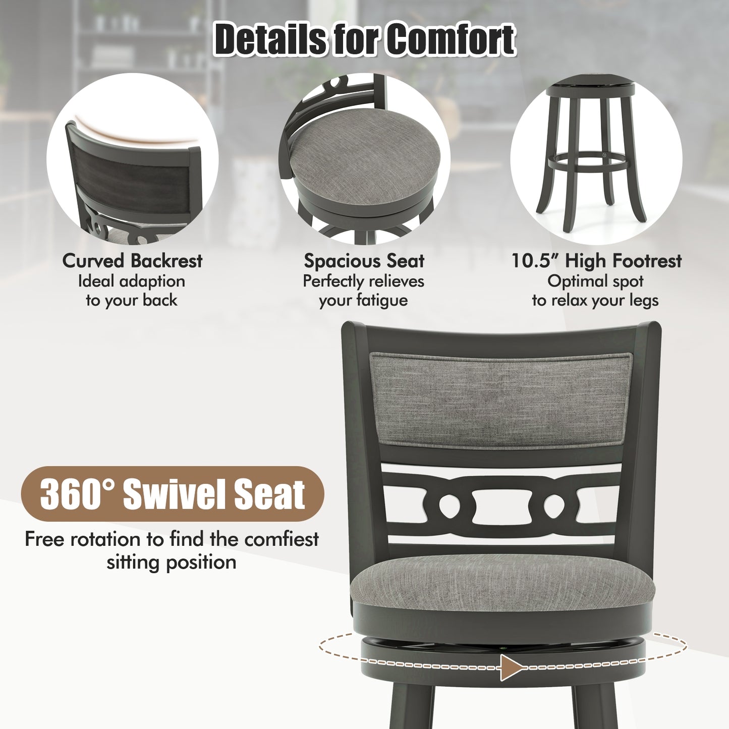 Swivel Bar Chair Set of 1 or 2 with Wooden Frame and 30.5" Seat Height for Pub or Kitchen