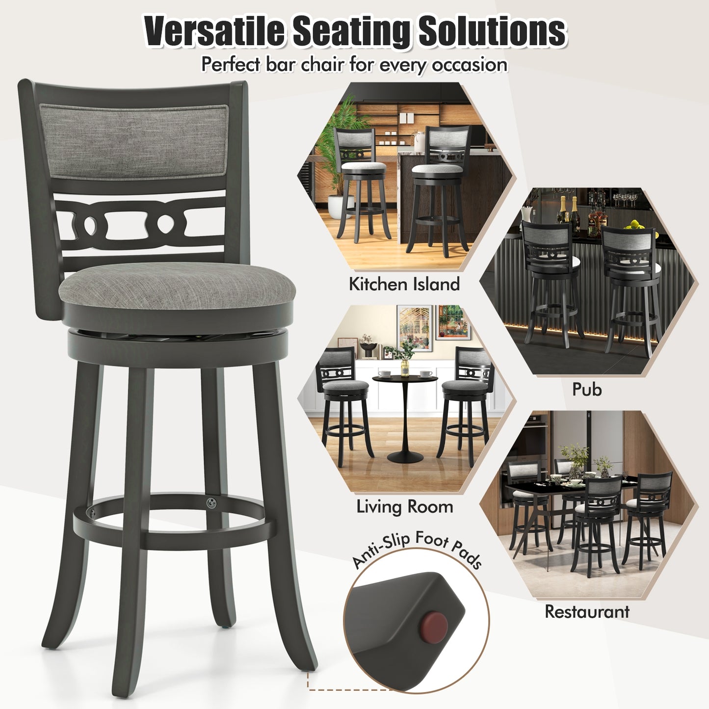 Swivel Bar Chair Set of 1 or 2 with Wooden Frame and 30.5" Seat Height for Pub or Kitchen
