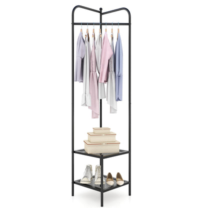 Metal Corner Hall Tree with Hanger Bar and Dual Mesh Shoe Shelves - Black