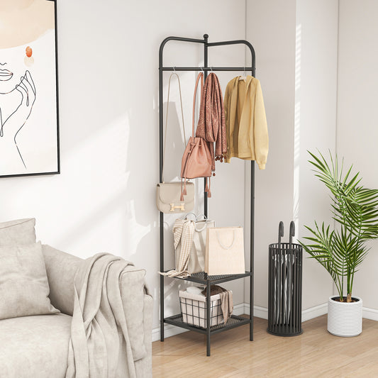 Metal Corner Hall Tree with Hanger Bar and Dual Mesh Shoe Shelves - Black