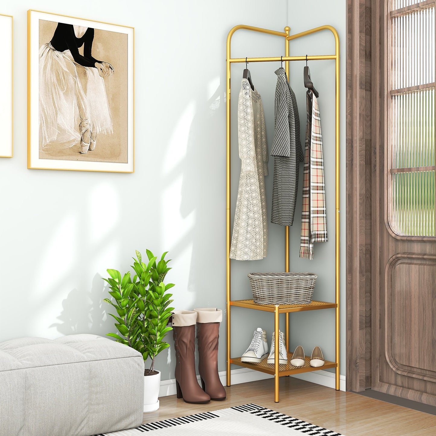 Metal Corner Hall Tree with Hanger Bar and Dual Mesh Shoe Shelves - Golden