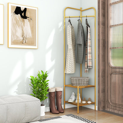 Metal Corner Hall Tree with Hanger Bar and Dual Mesh Shoe Shelves - Golden