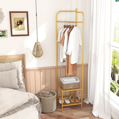 Metal Corner Hall Tree with Hanger Bar and Dual Mesh Shoe Shelves - Golden