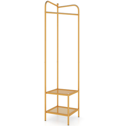 Metal Corner Hall Tree with Hanger Bar and Dual Mesh Shoe Shelves - Golden