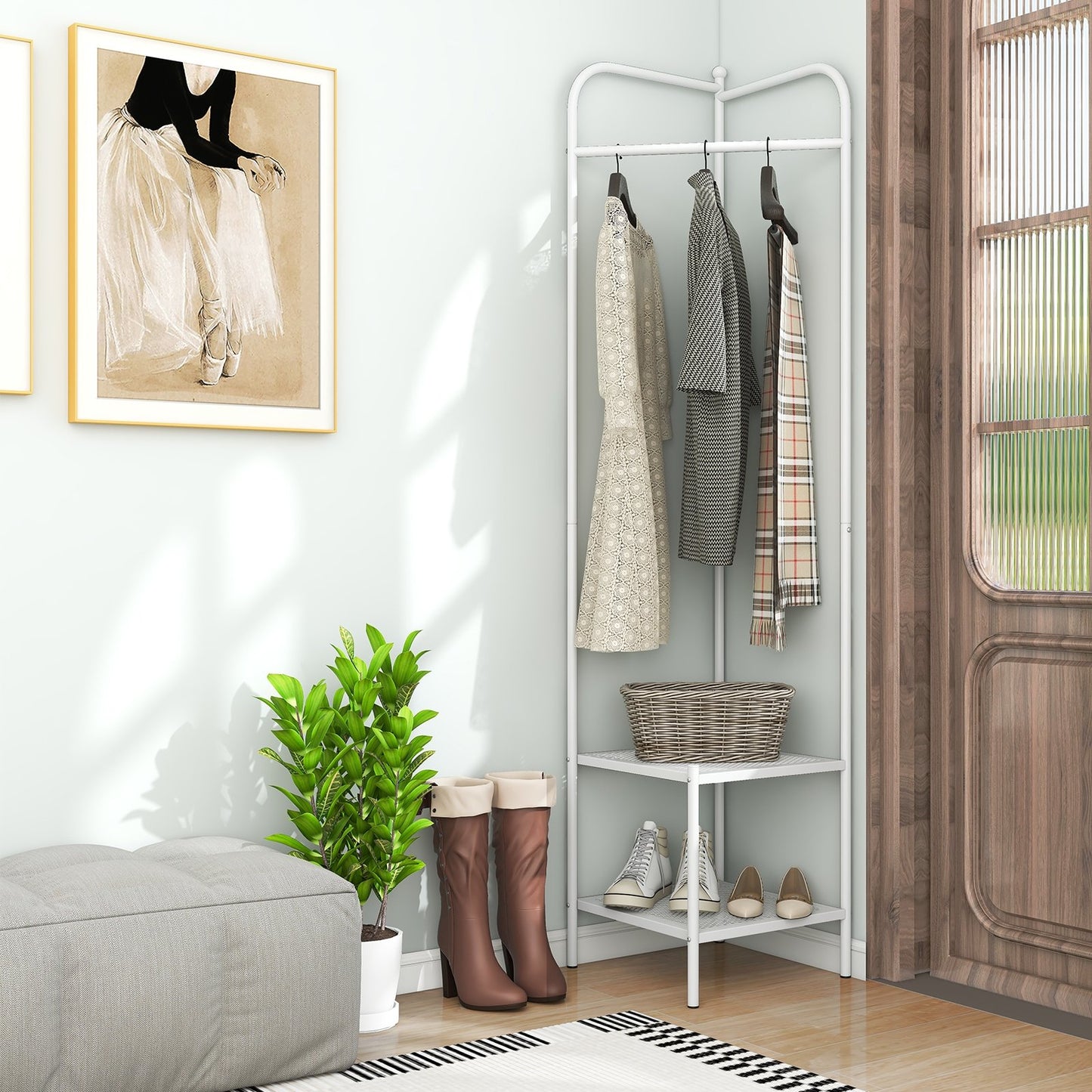 Metal Corner Hall Tree with Hanger Bar and Dual Mesh Shoe Shelves - White