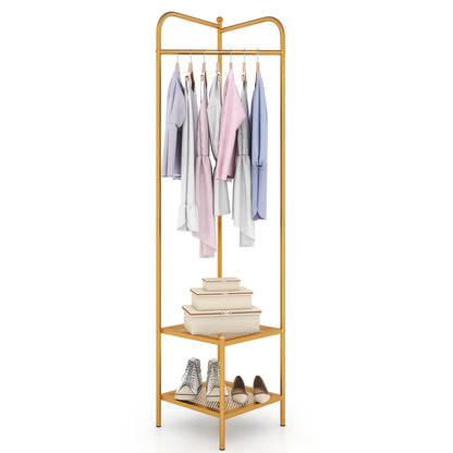 Metal Corner Hall Tree with Hanger Bar and Dual Mesh Shoe Shelves - Golden
