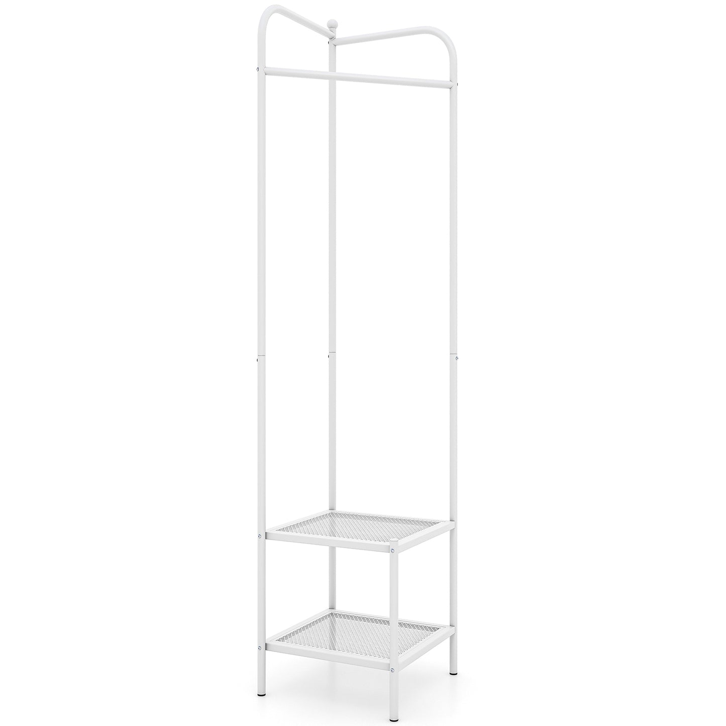 Metal Corner Hall Tree with Hanger Bar and Dual Mesh Shoe Shelves - White