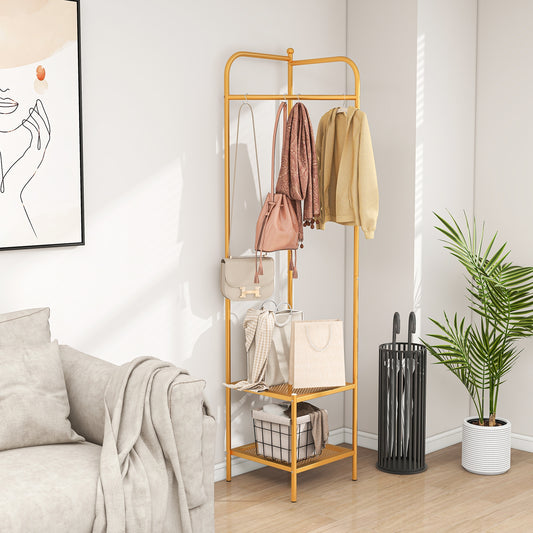Metal Corner Hall Tree with Hanger Bar and Dual Mesh Shoe Shelves - Golden