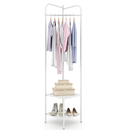 Metal Corner Hall Tree with Hanger Bar and Dual Mesh Shoe Shelves - White