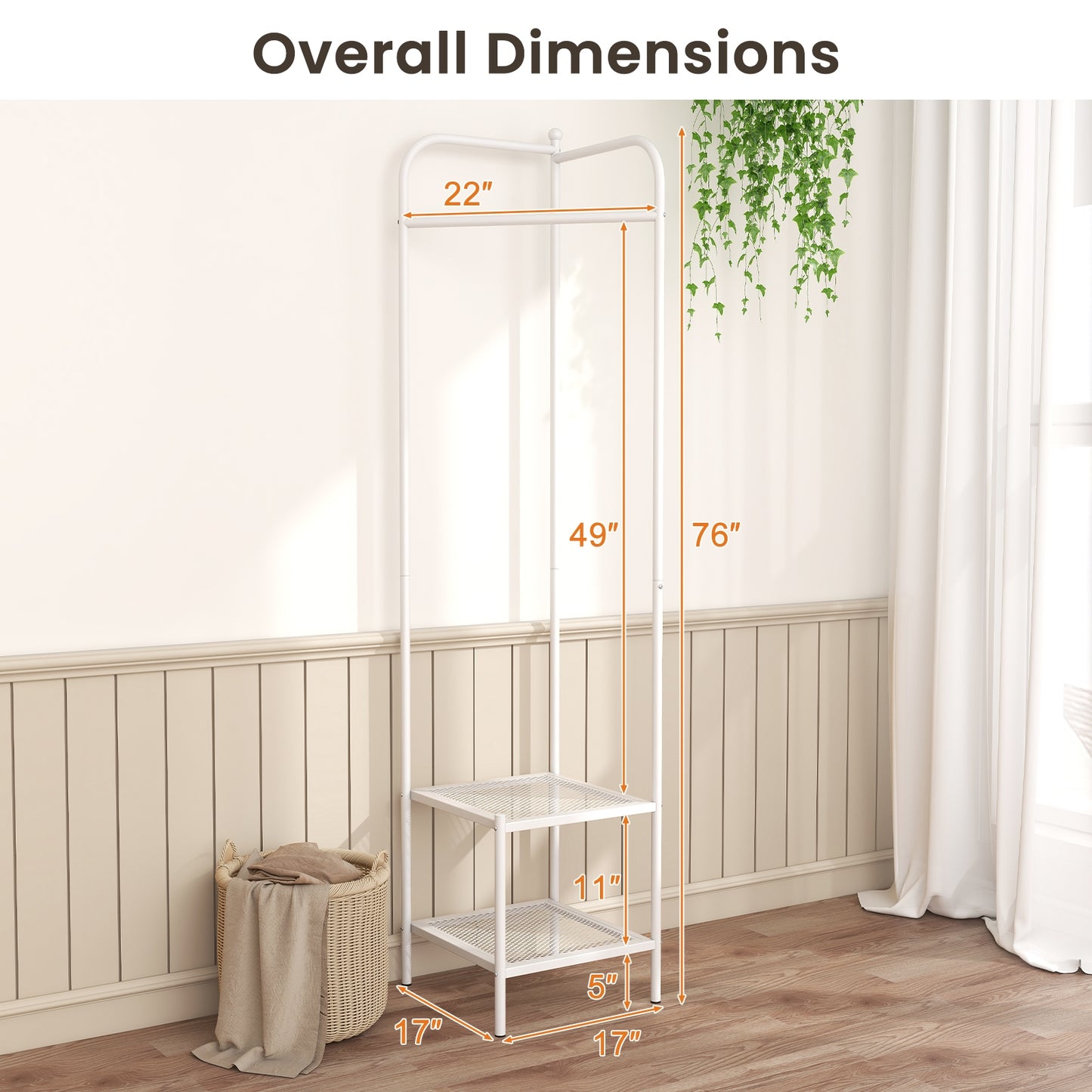 Metal Corner Hall Tree with Hanger Bar and Dual Mesh Shoe Shelves - White