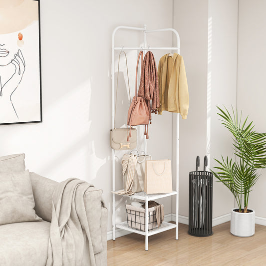Metal Corner Hall Tree with Hanger Bar and Dual Mesh Shoe Shelves - White