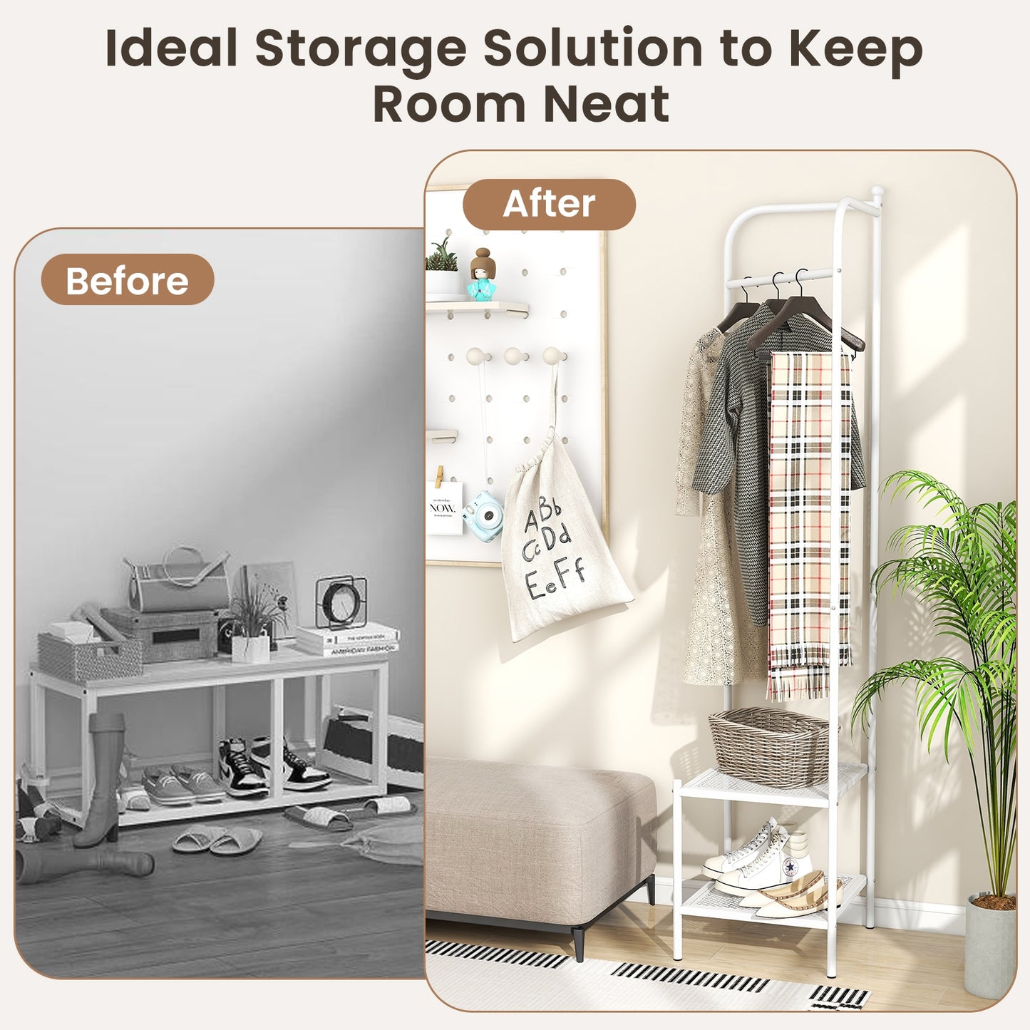 Metal Corner Hall Tree with Hanger Bar and Dual Mesh Shoe Shelves - White