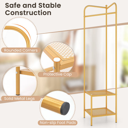 Metal Corner Hall Tree with Hanger Bar and Dual Mesh Shoe Shelves - Golden