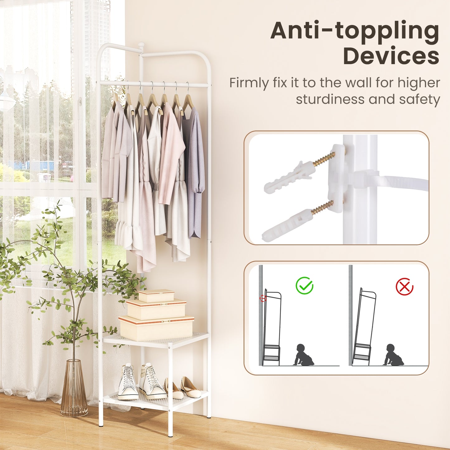Metal Corner Hall Tree with Hanger Bar and Dual Mesh Shoe Shelves - White