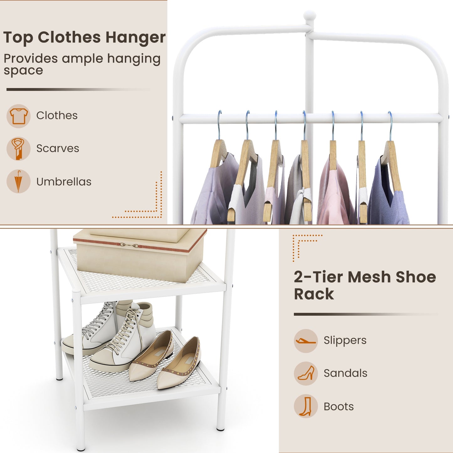Metal Corner Hall Tree with Hanger Bar and Dual Mesh Shoe Shelves - White