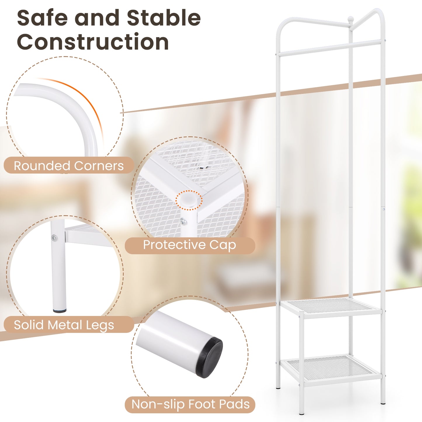 Metal Corner Hall Tree with Hanger Bar and Dual Mesh Shoe Shelves - White