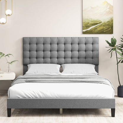 Elegant Upholstered Queen Platform Bed with Stitched Square Headboard in Grey
