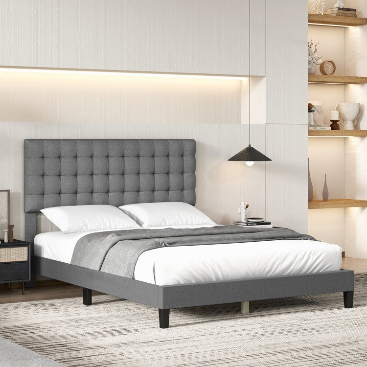 Elegant Upholstered Queen Platform Bed with Stitched Square Headboard in Grey