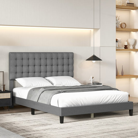Elegant Upholstered Queen Platform Bed with Stitched Square Headboard in Grey