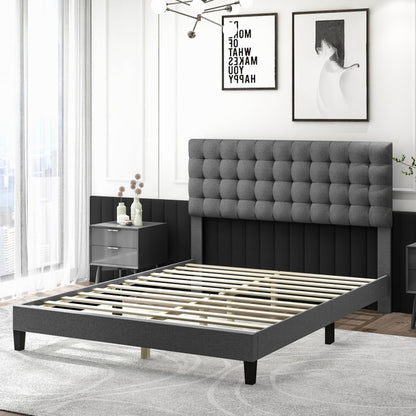 Elegant Upholstered Queen Platform Bed with Stitched Square Headboard in Grey