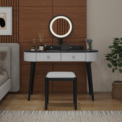Makeup Vanity Table Set with Adjustable LED Mirror, Cushioned Stool and 4 Storage Drawers – White & Black