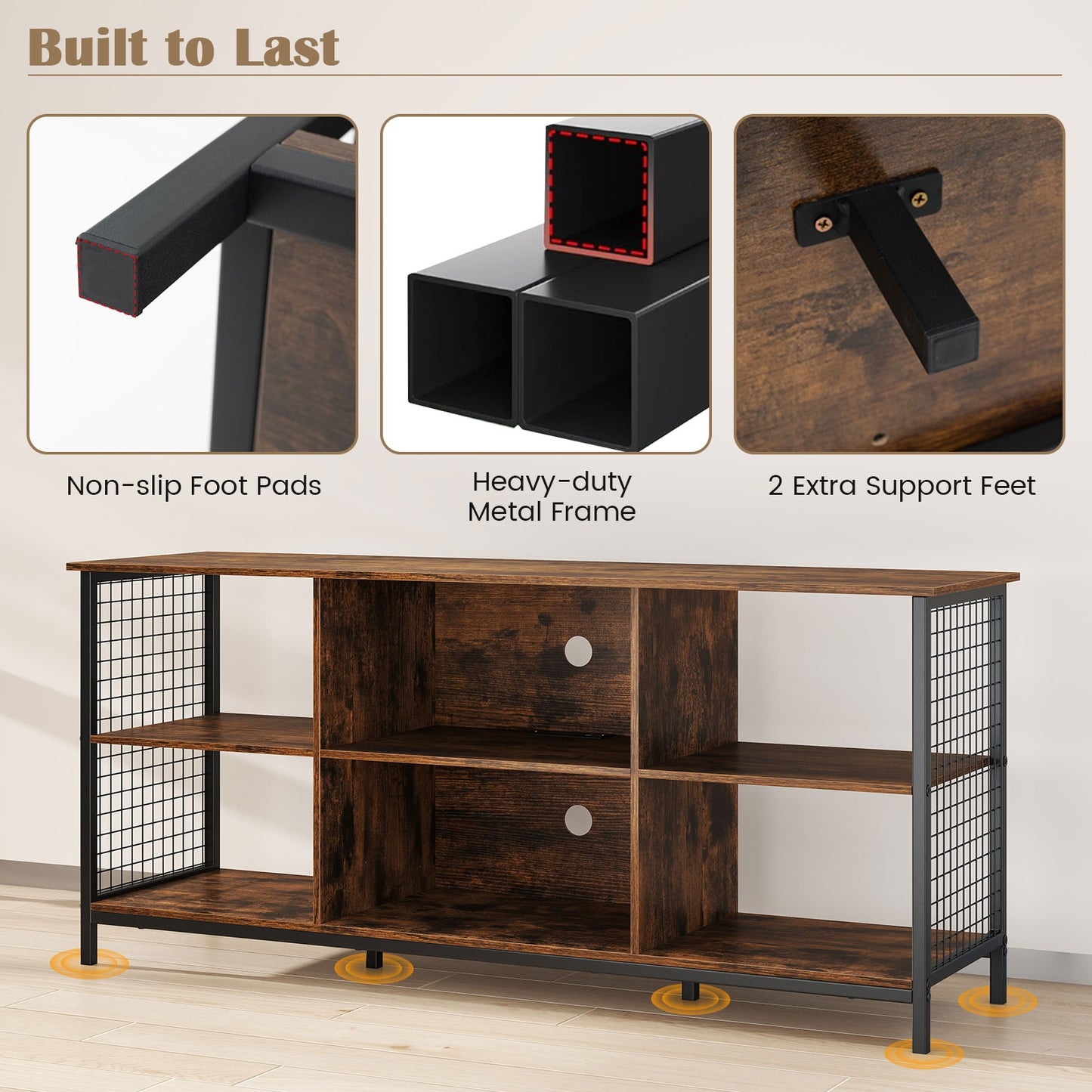 Modern 55 Inch TV Stand with Built-In Charging Station and Open Storage for TVs Up to 65 Inches