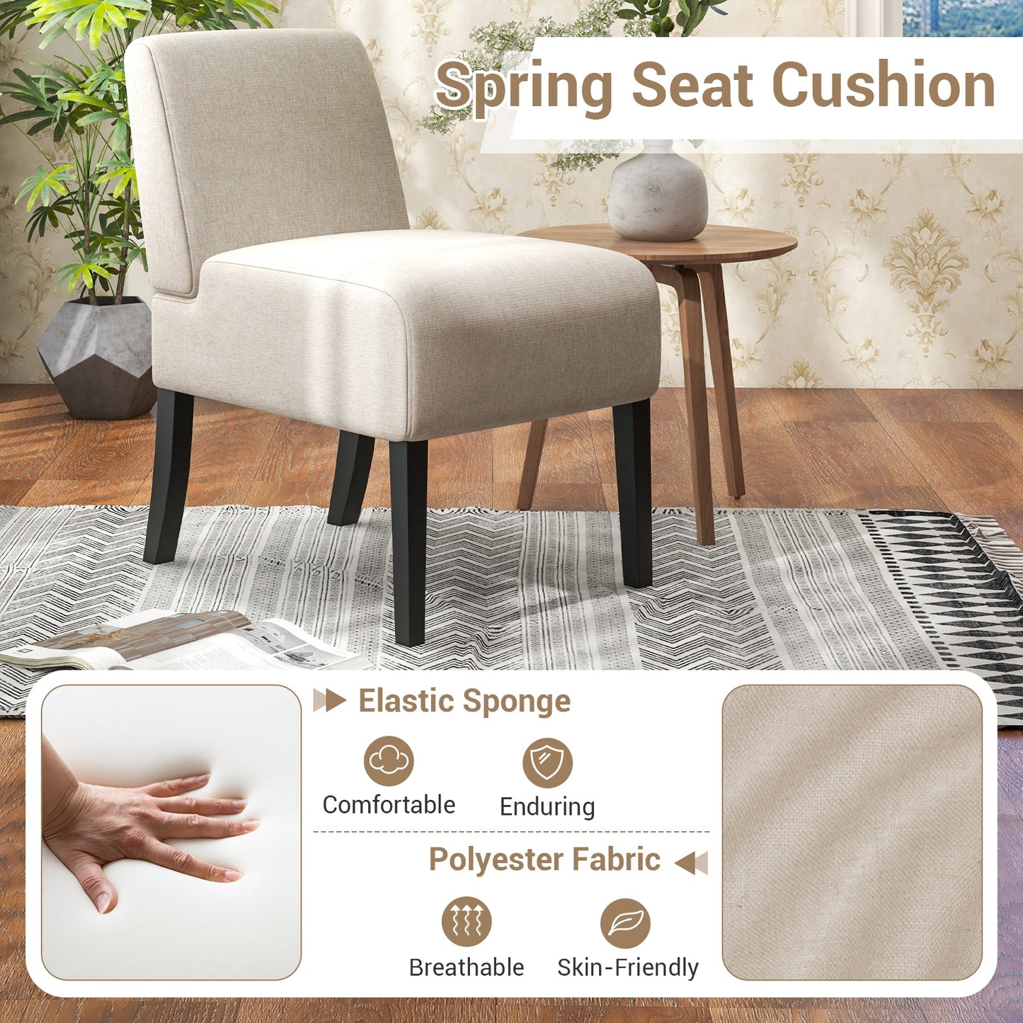 Modern Upholstered Accent Chair with Rubber Wood Legs for Living Room - Beige