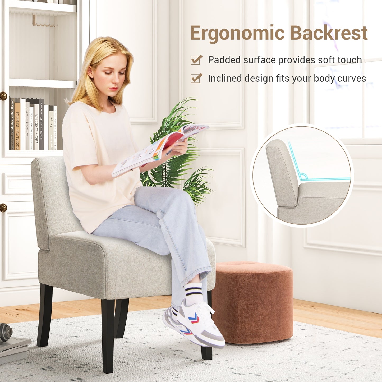 Modern Upholstered Accent Chair with Rubber Wood Legs for Living Room - Beige
