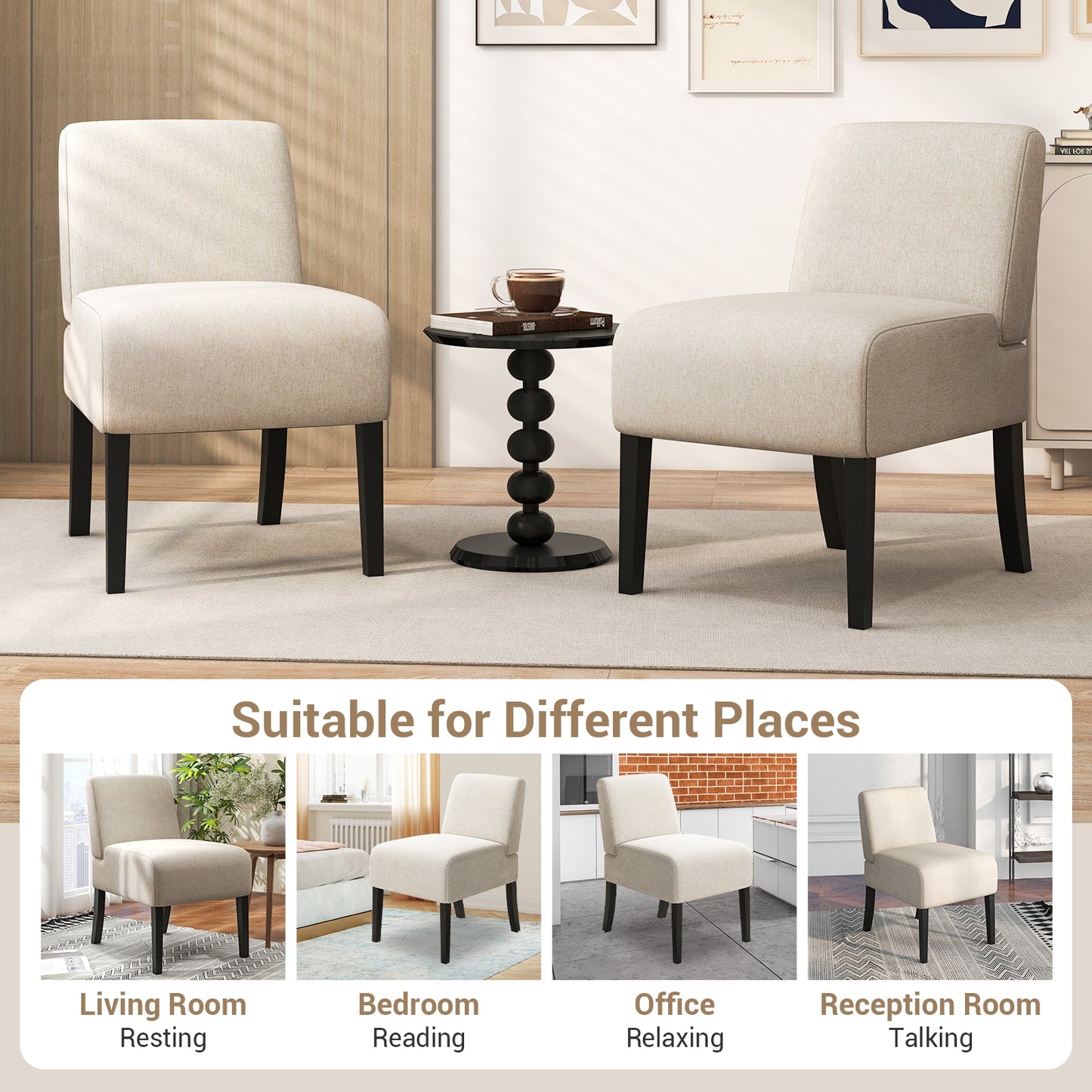 Modern Upholstered Accent Chair with Rubber Wood Legs for Living Room - Beige